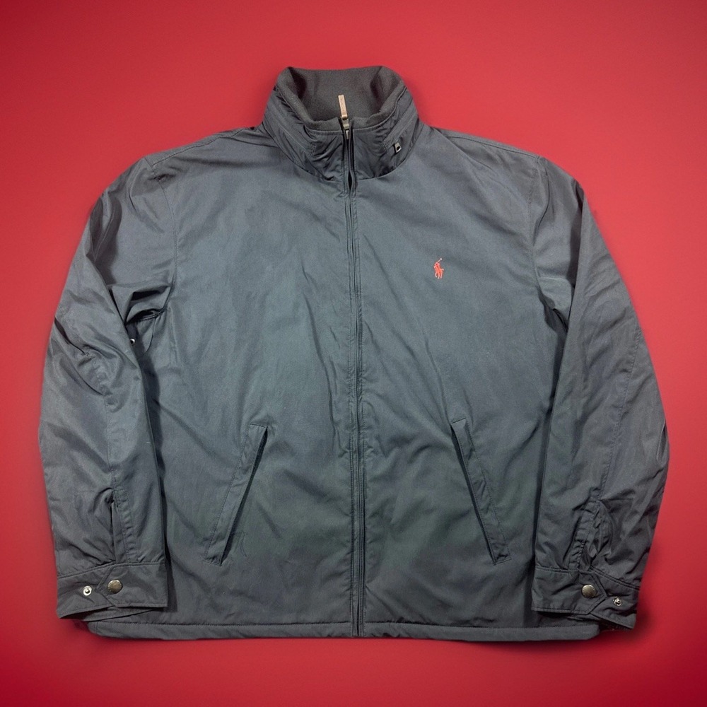 Vintage Polo‎ Ralph Lauren Bomber Jacket Fleece Lined Hooded 2XL Men's Navy Blue